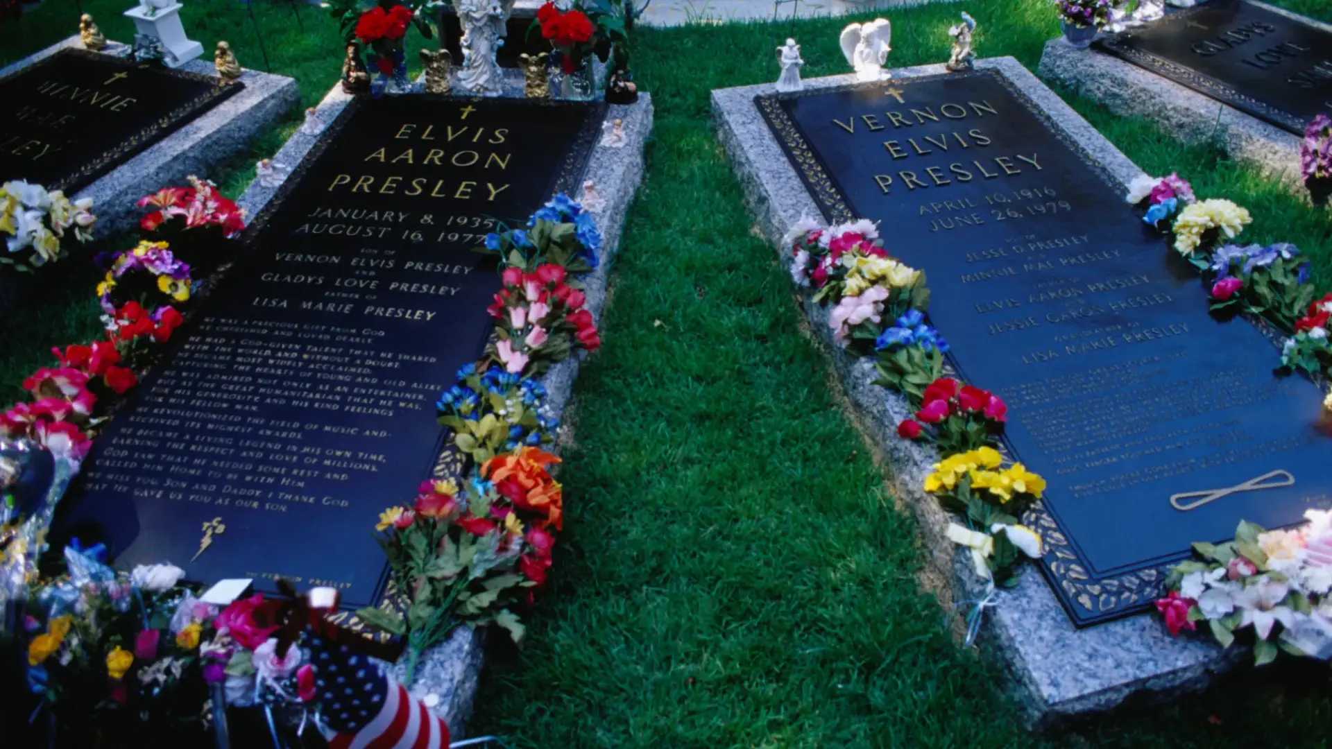 Memorial garden at Elvis Presley's Graceland, close-up of the graves of Elvis Aaron Presley and Vernon Elvis Presley.